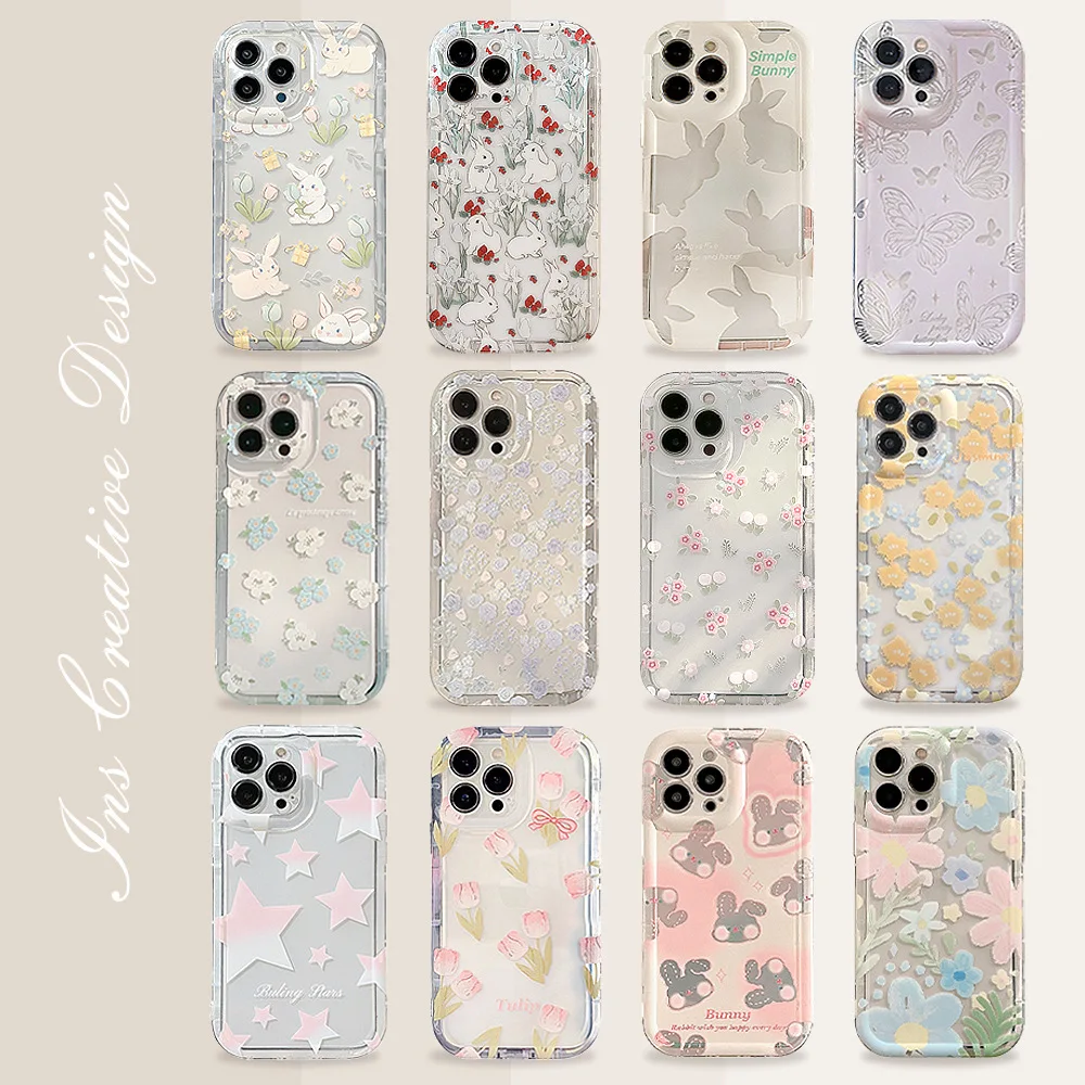 Phone Cases Cute Iphone 14 - Cute Cartoon Bunny Flower Transparent Series
